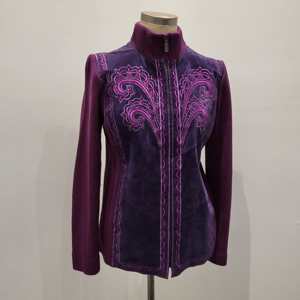 Bob Mackie Wearable Art Multi Purple Suede Embroidered Zip Up Jacket